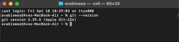 Checking Git version in the macOS Terminal app.