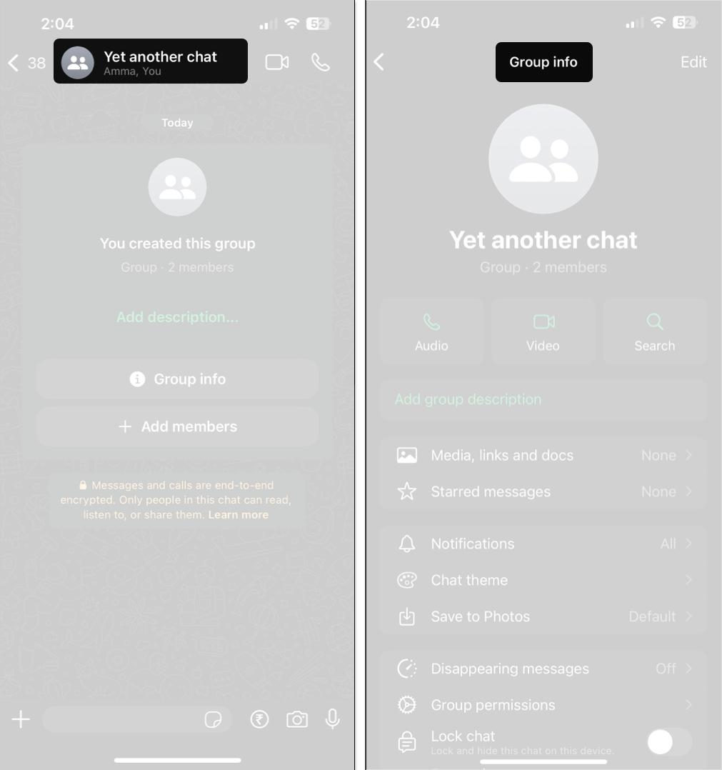 Accessing a WhatsApp group's Group Info page on an iPhone.