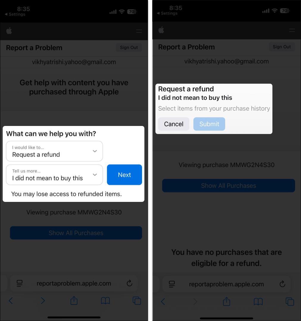 Submitting a refund request to Apple from the Settings app on an iPhone.