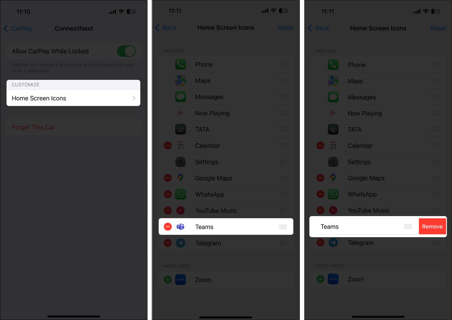 Removing an app from Apple CarPlay Home screen via the Settings app.