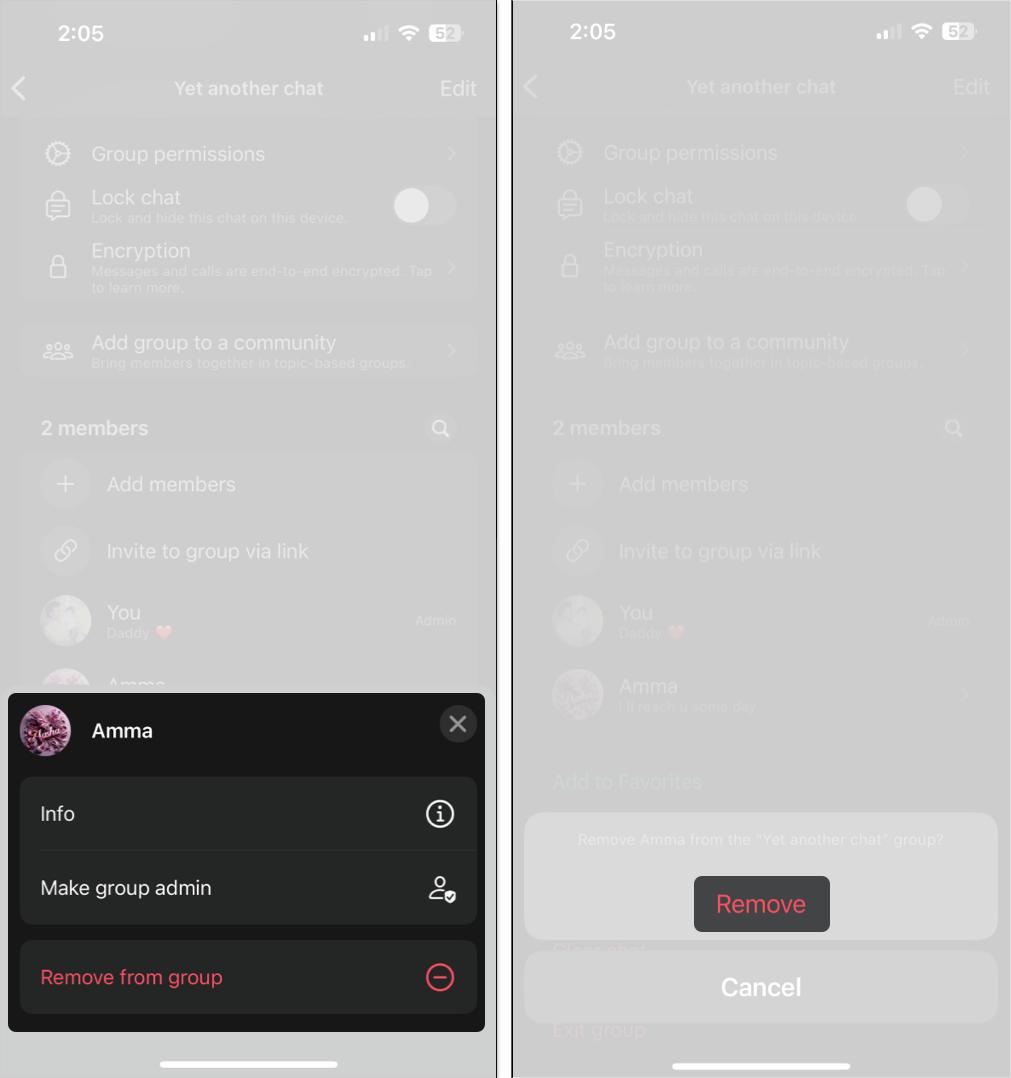 Removing participants from a WhatsApp group on an iPhone.