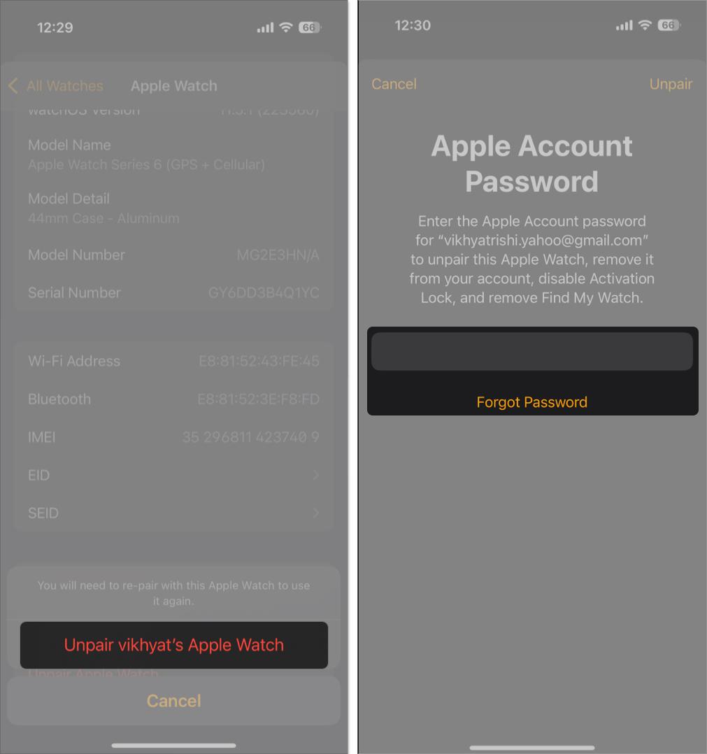 Removing the Activation Lock from an Apple Watch from the Watch app.