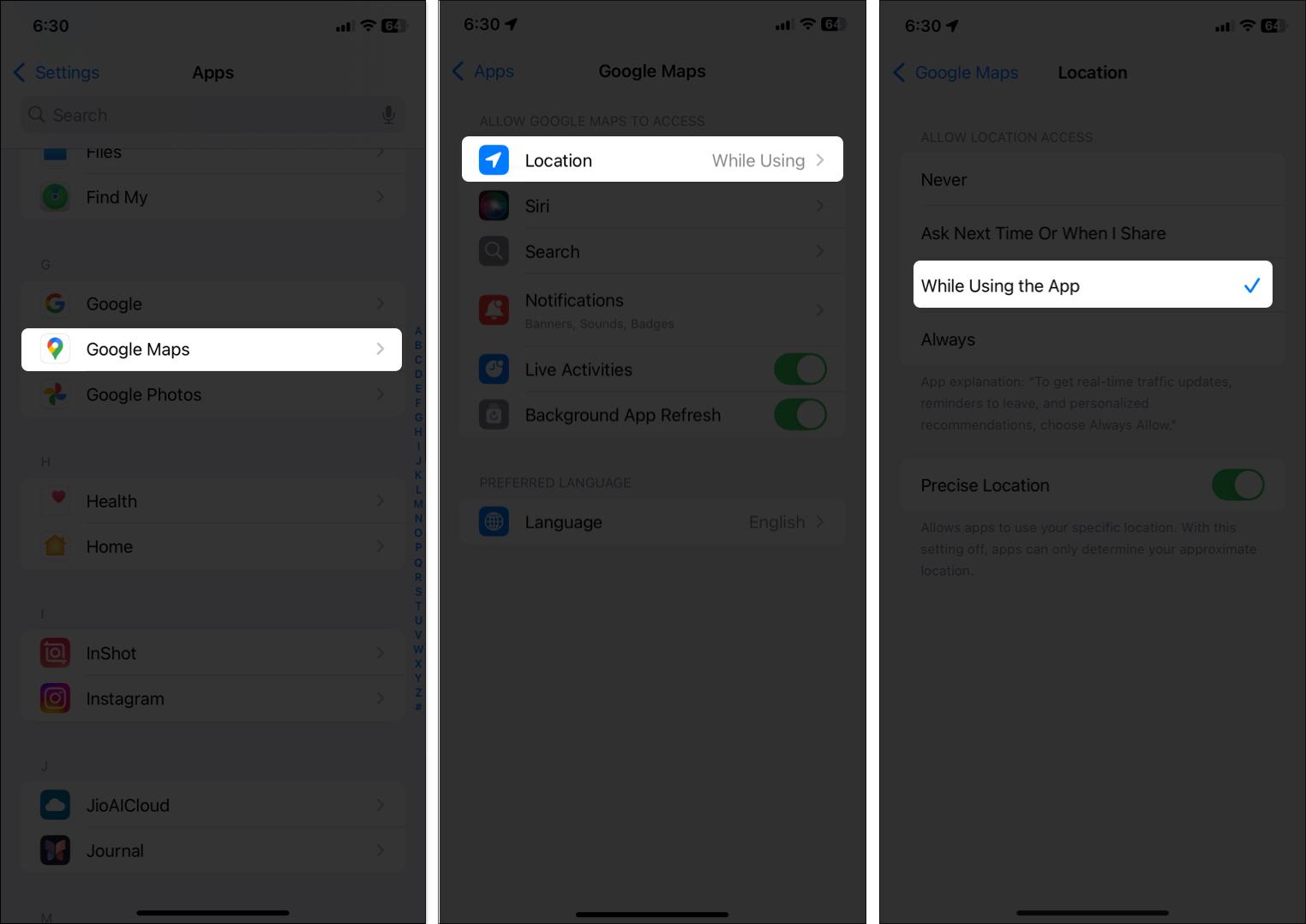 Restrict google map to background tracking from iPhone settings