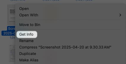 Accessing the Get Info option for a file on a Mac.