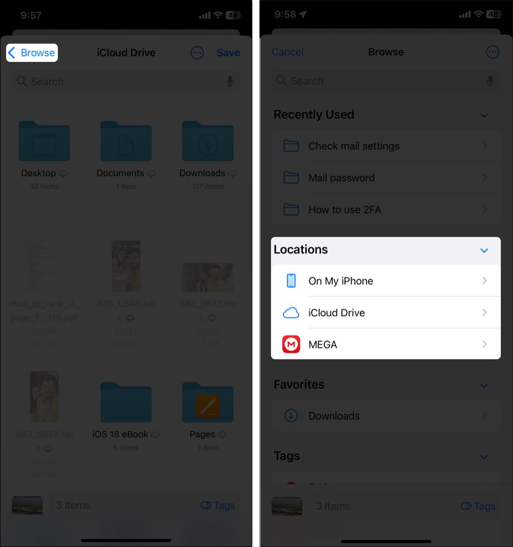 Choosing the external drive in Files app to move selected photos and videos.