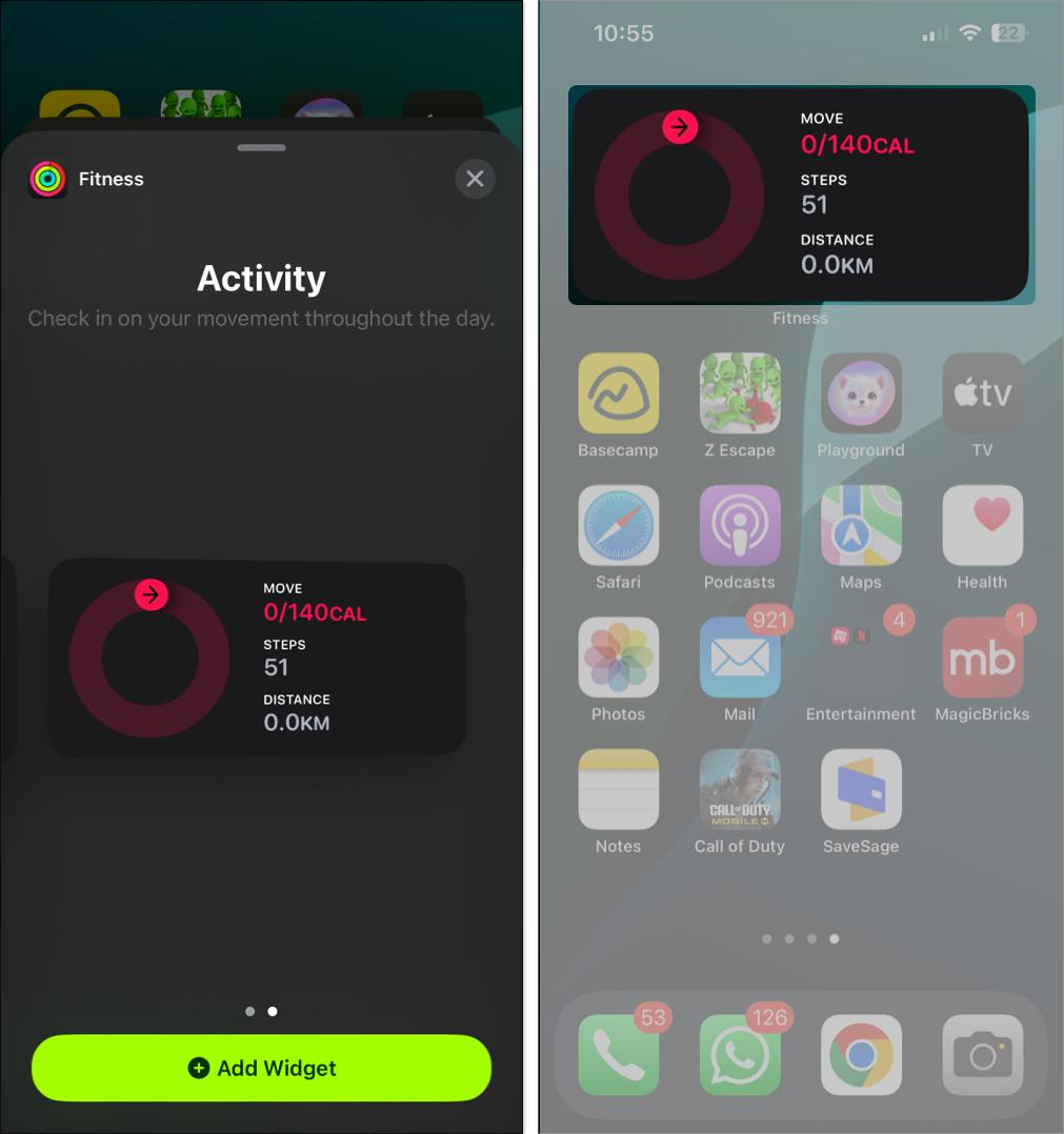 Searching and adding a Fitness widget to the iPhone Home Screen.