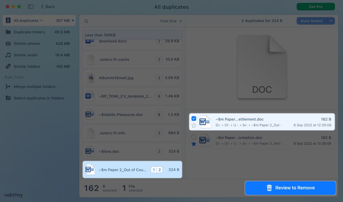 Select a file and click on review to remove to delete on Mac