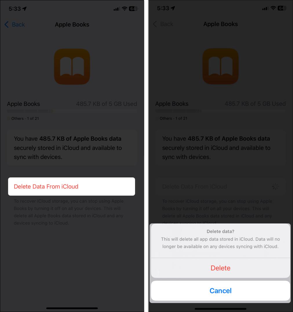 Select app and delete data from iCloud on iPhone