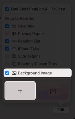 Enabling the Background Image option in Safari on a Mac.
