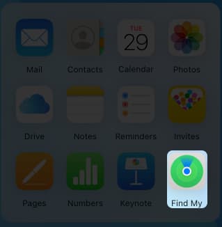 Selecting the Find My app on an iCloud website.