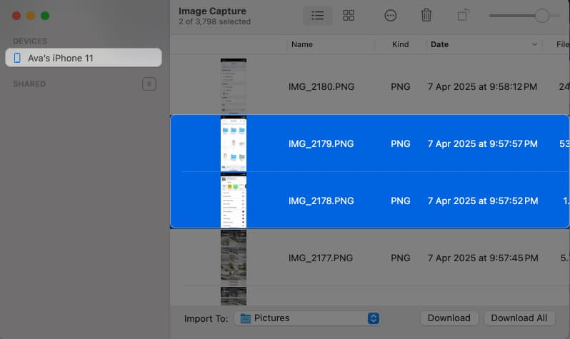 Selecting media in the Image Capture app on a Mac to transfer to connected drive.