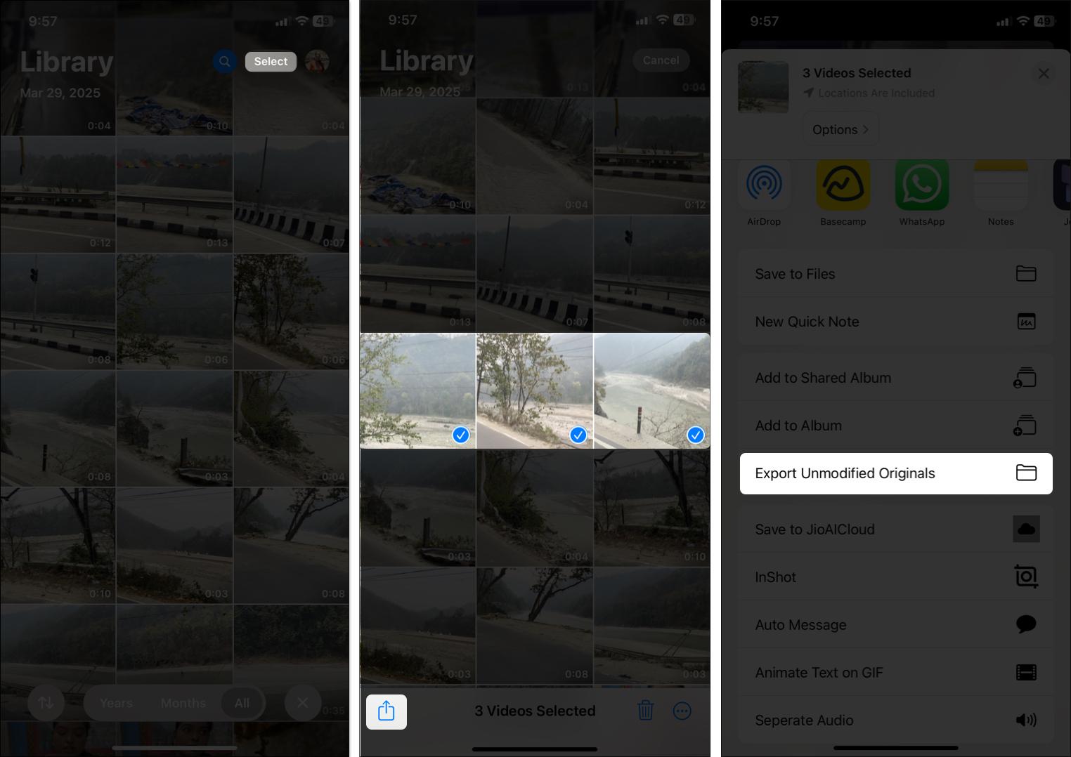 Selecting photos or videos to move and using the Export Unmodified Originals option to export them.