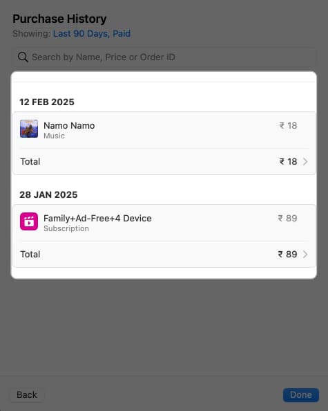 Selecting a purchase to place a refund request.