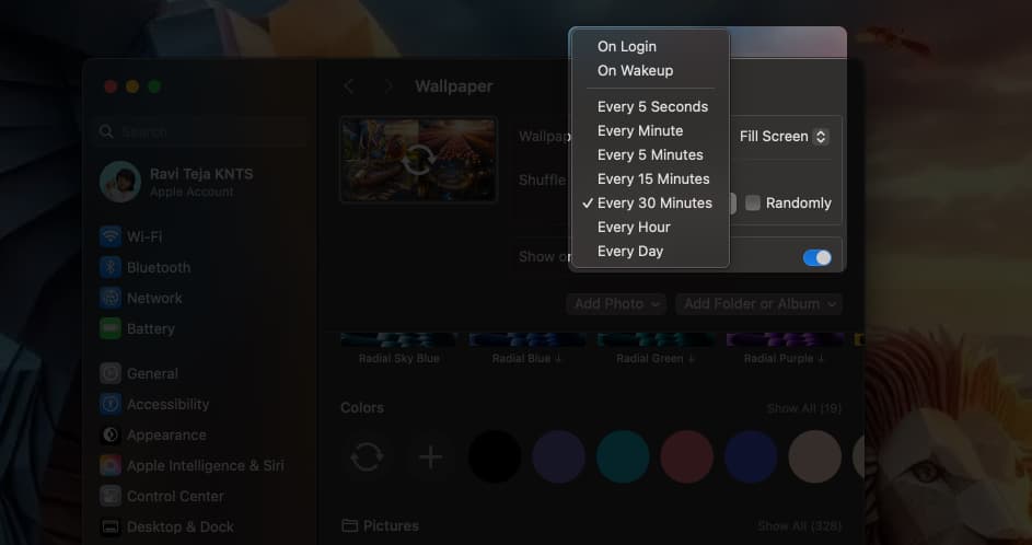 Setting the wallpaper change duration for selected wallpapers in macOS System Settings.