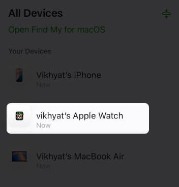 Selecting your Apple Watch under All Devices on the iCloud website.