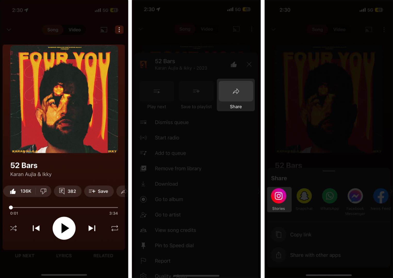 Selecting a track on YouTube Music and sharing it on Instagram story.
