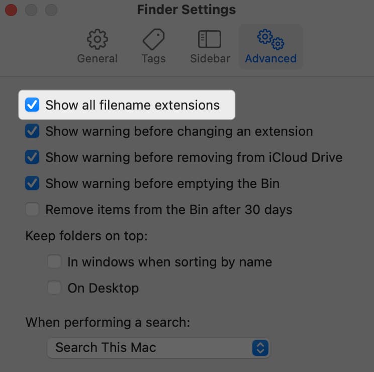 Show All Filename Extensions option in Finder settings checked off.