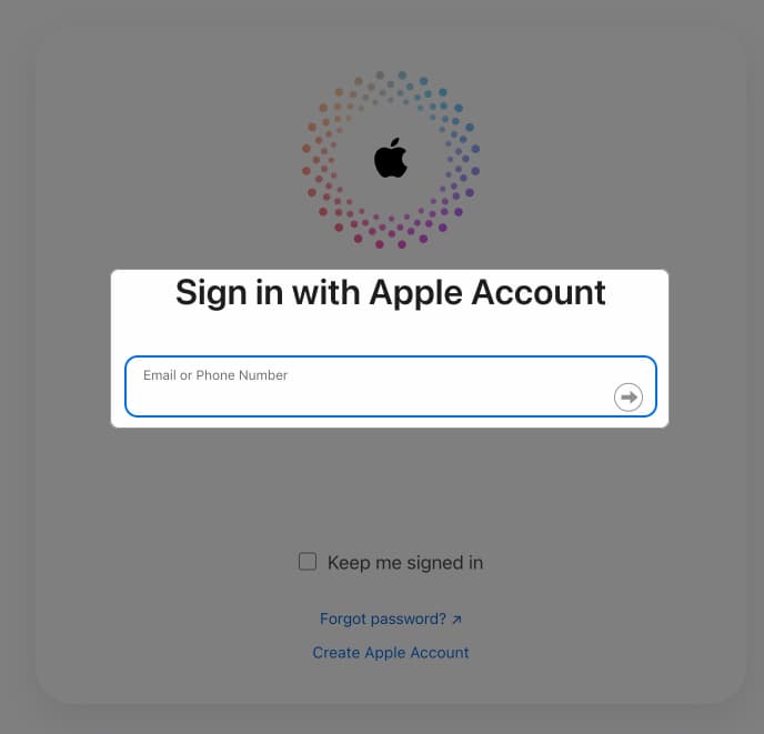 Signing in with Apple Account on iCloud's website on a Mac.