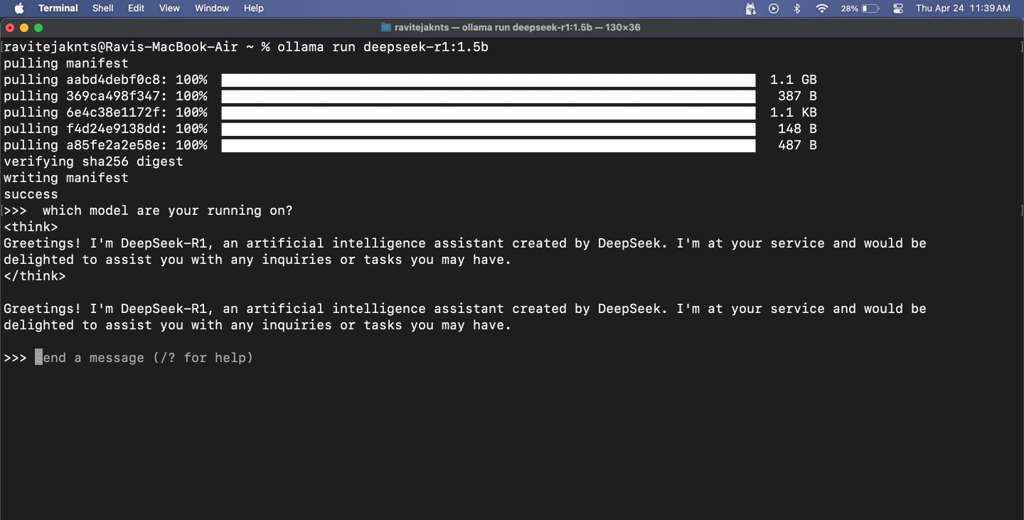 Chatting with Deepseek R1 via Ollama in macOS Terminal app.