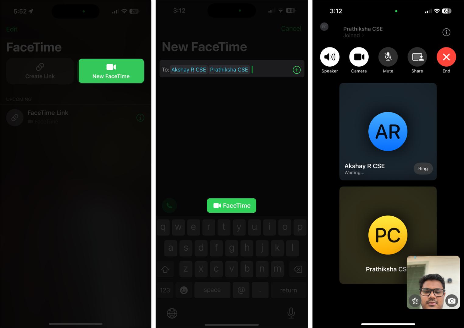 Starting a group FaceTime call on an iPhone.