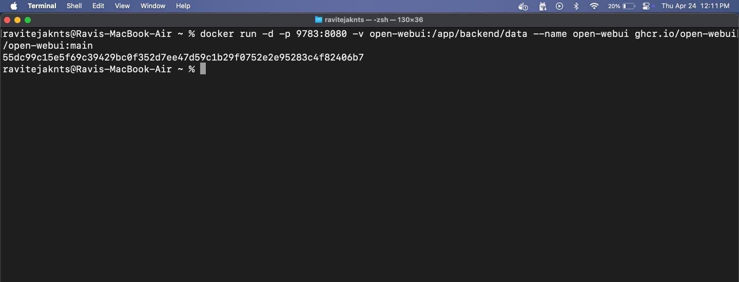 Starting a Docker container with data storage via the macOS Terminal app.