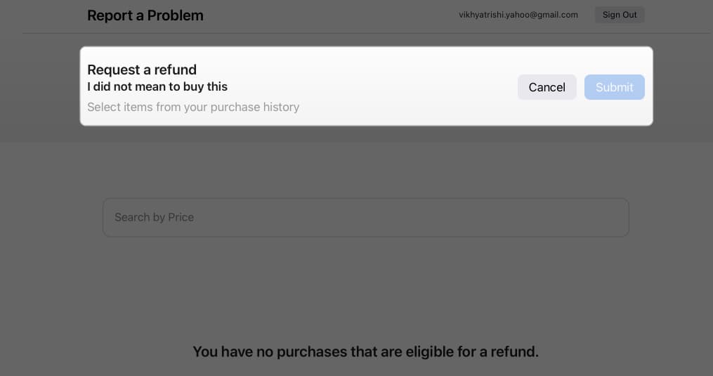 Submitting a refund request for an App Store purchase via web.