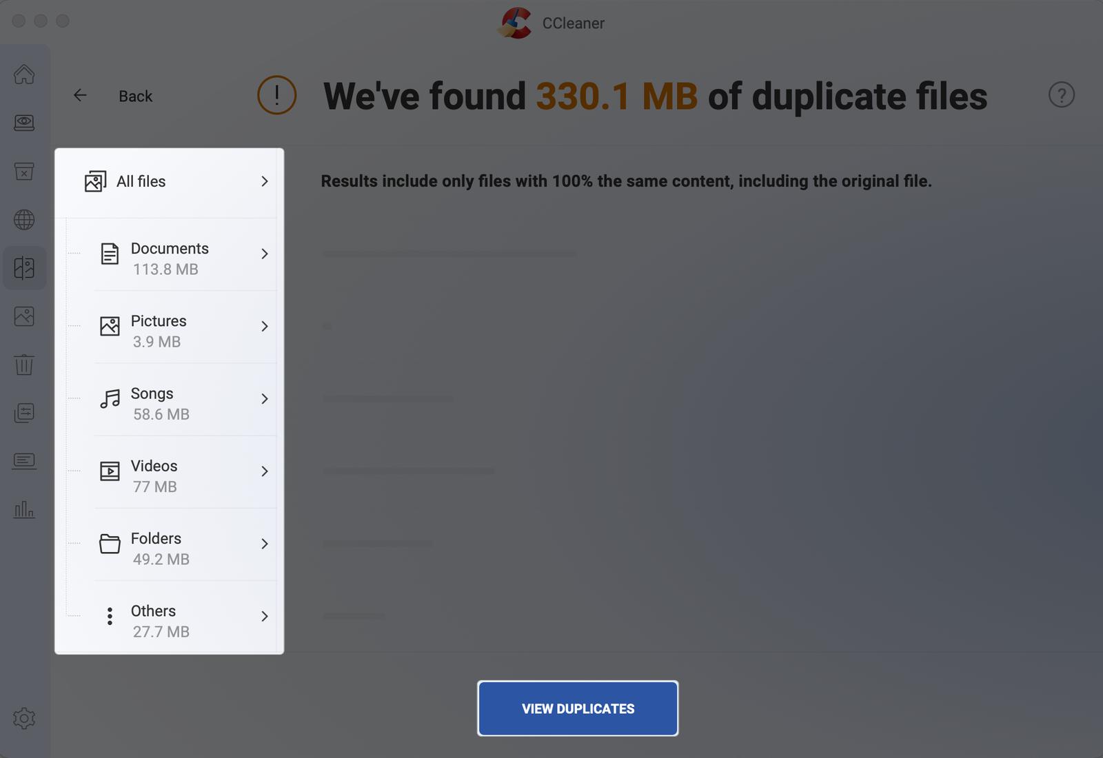 Tap on category to view duplicate files on Mac