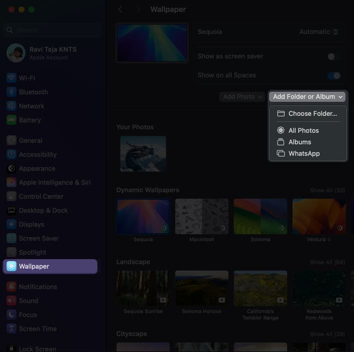 Choosing the option to add albums or folders to set rotating wallpapers on a Mac.