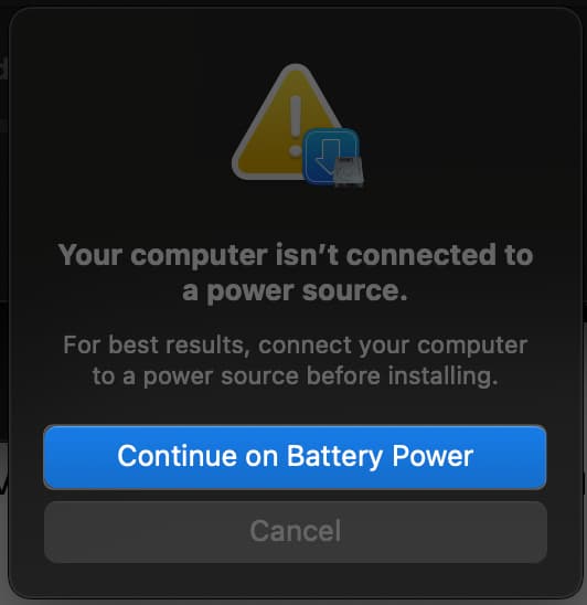 Prompt confirming installation on battery power.