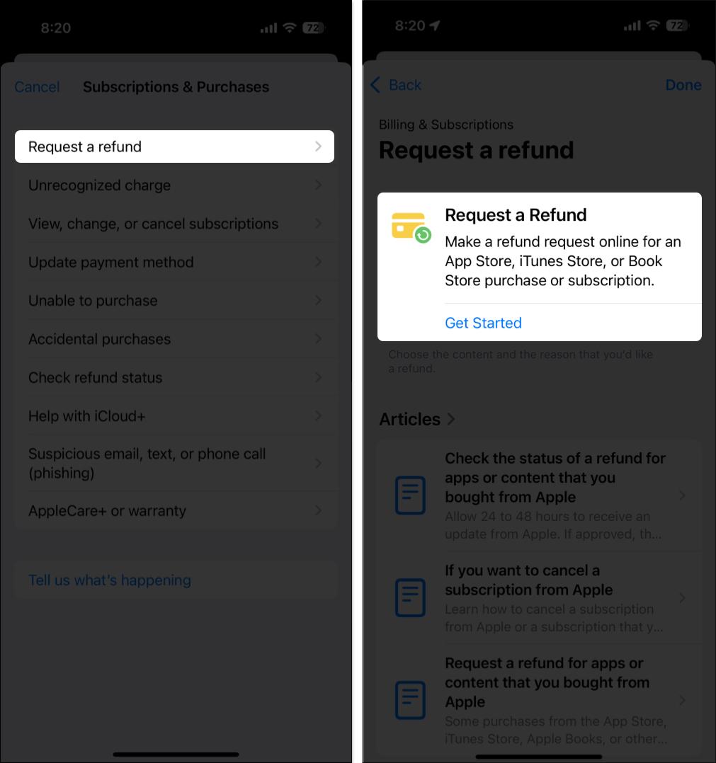 Starting a refund request in the Apple Support app.