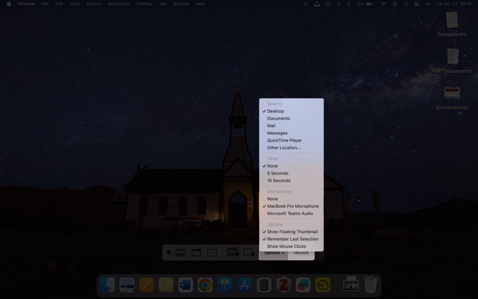 Tap on option in toolbar to customize recording settings