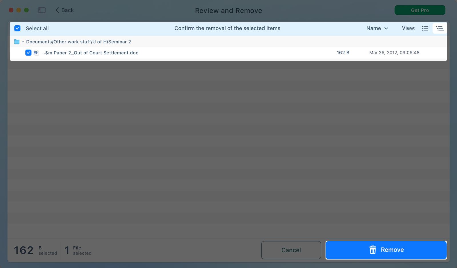 Tap on remove button to delete selected duplicate file from Mac