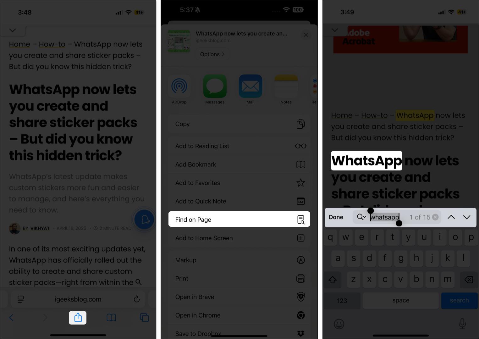 Tap on share icon and select find on page option in Safari