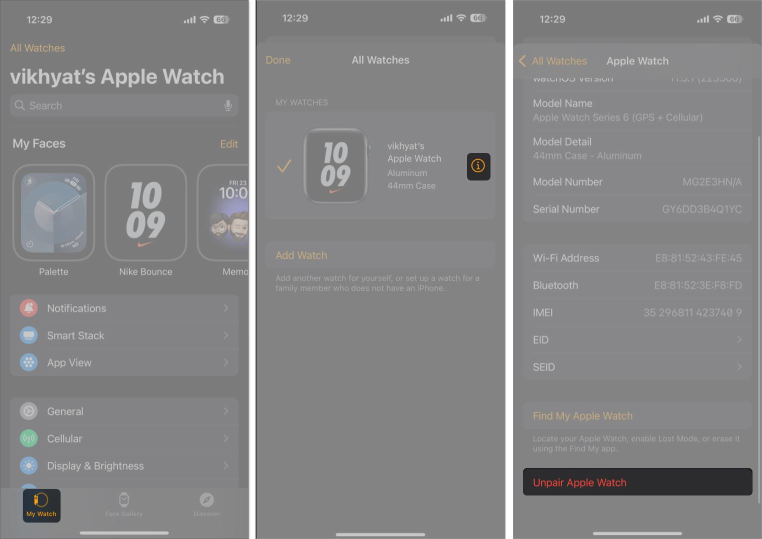 Unpairing an Apple Watch from the Watch app on an iPhone.