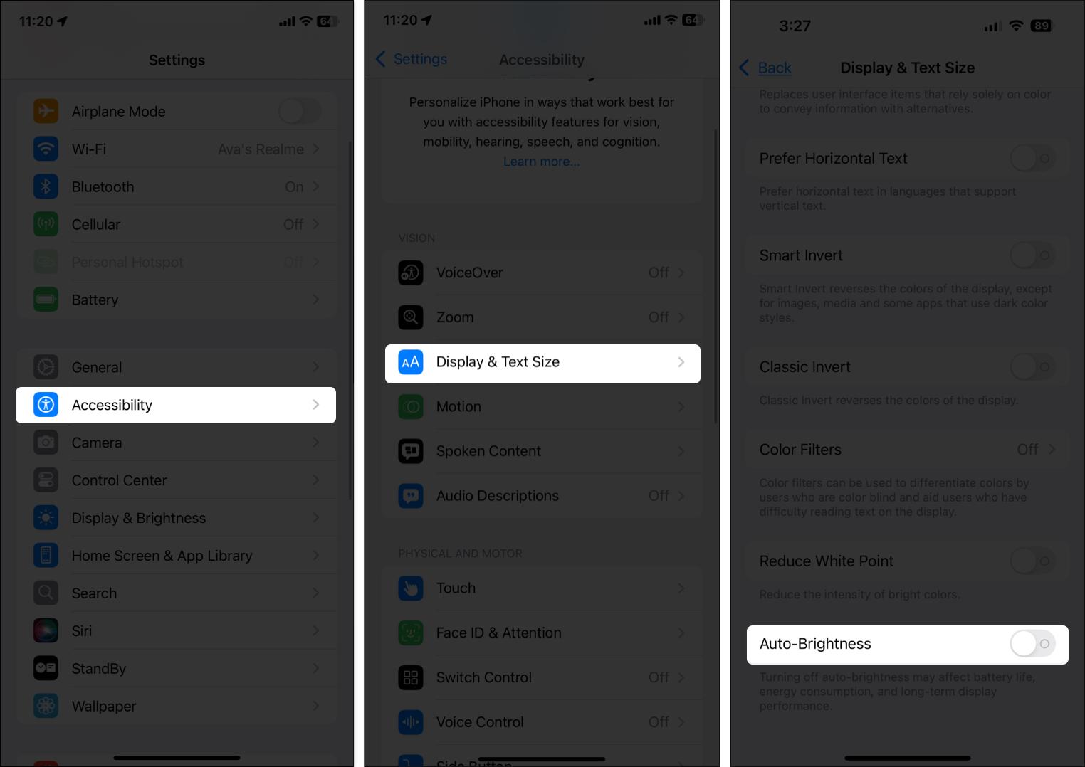 Toggle off auto brightness from iPhone settings