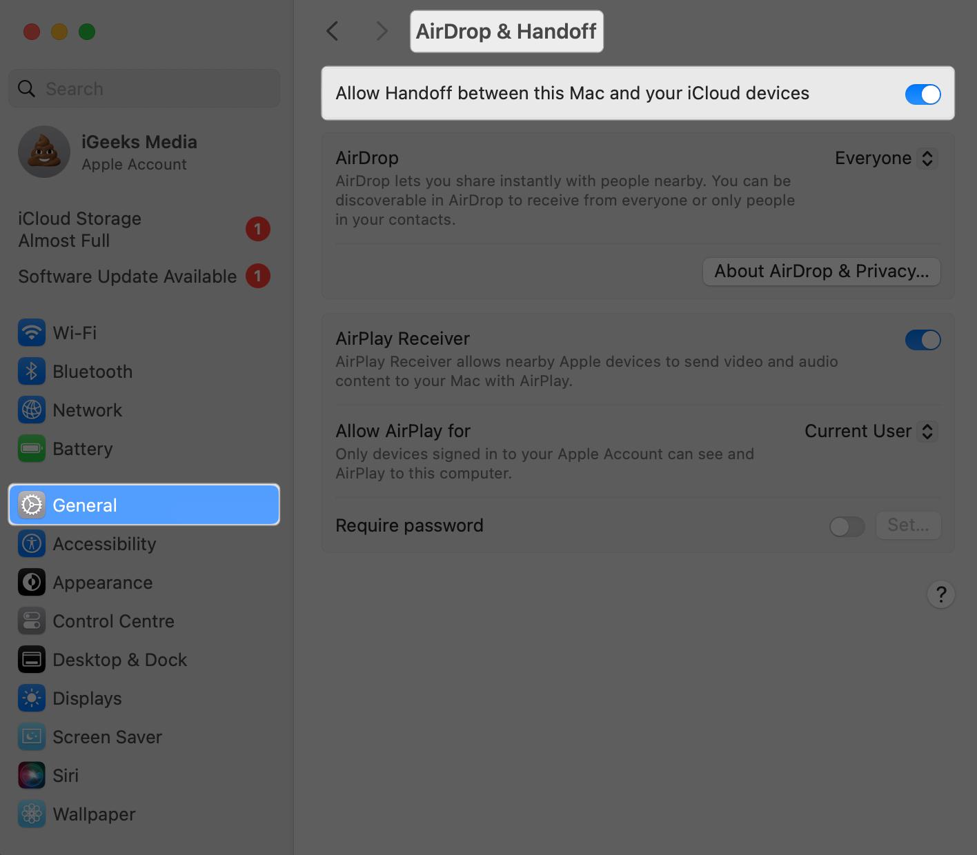 Toggle on the Handoff feature in the System Settings on a Mac.