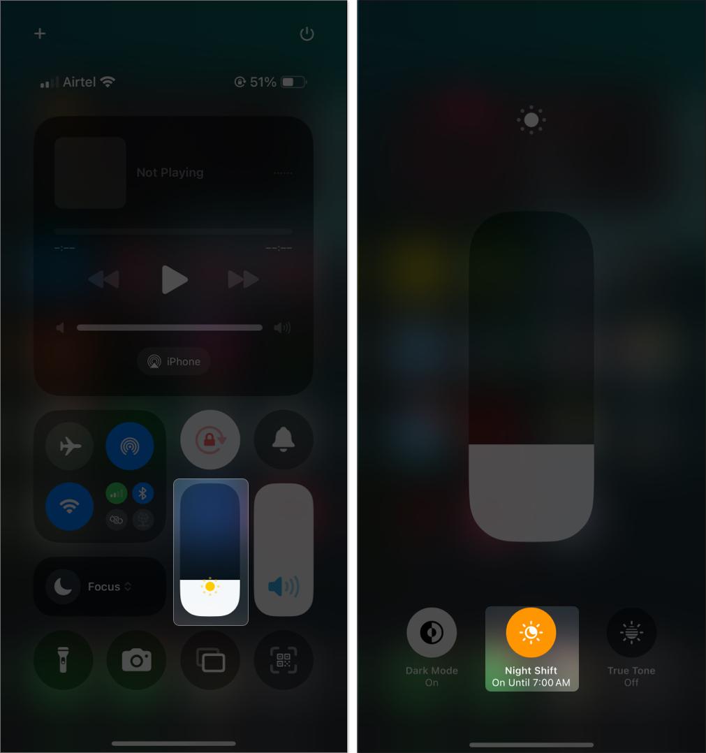 Toggle on night shift mode from control center on iPhone