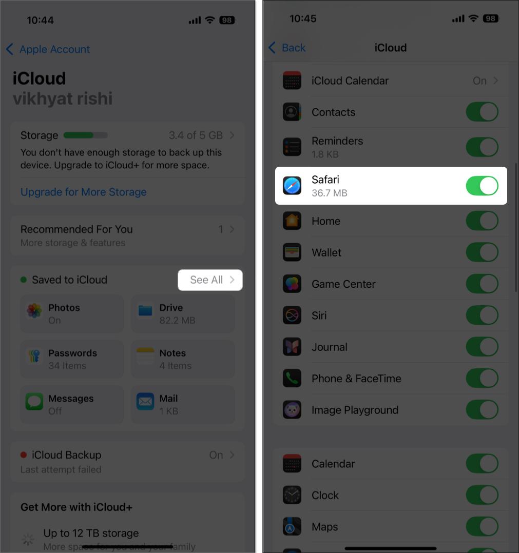 Enabling iCloud sync for Safari on an iPhone.