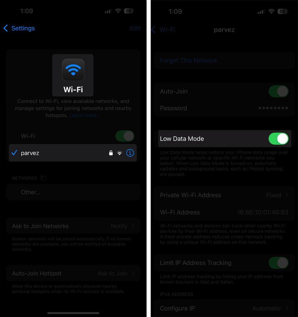 Turning on Low Data Mode for Wi-Fi connection on an iPhone.
