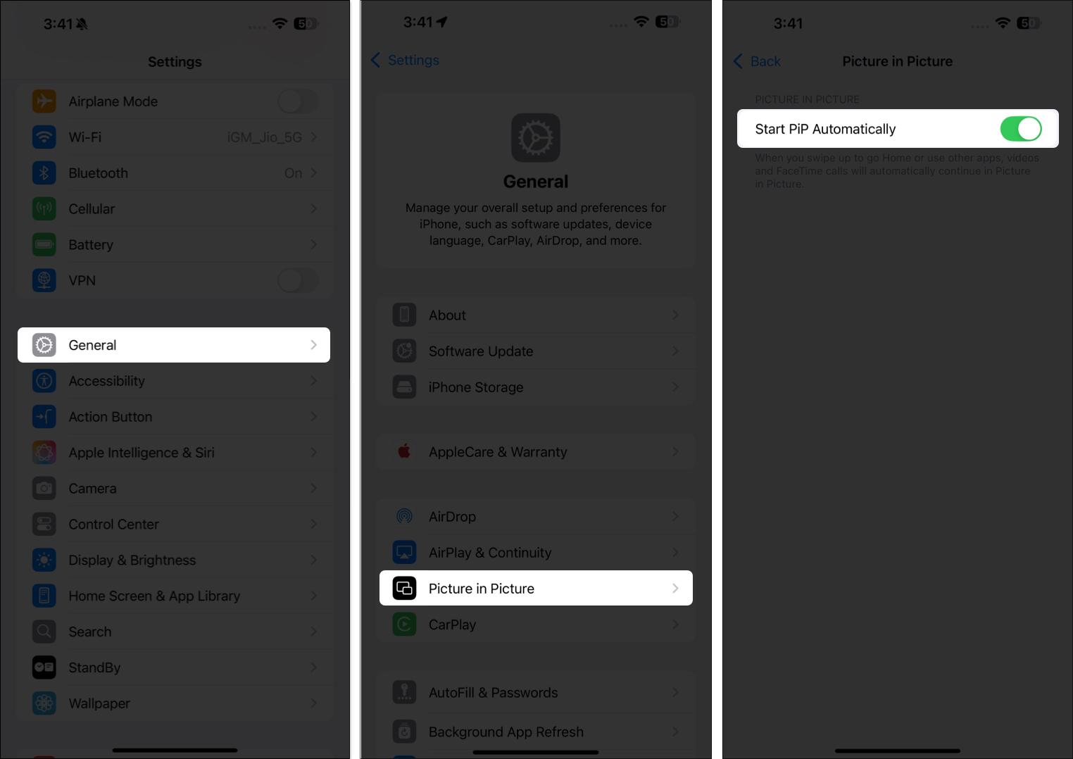 Toggling on the Start PiP Automatically option in the iPhone Settings app.