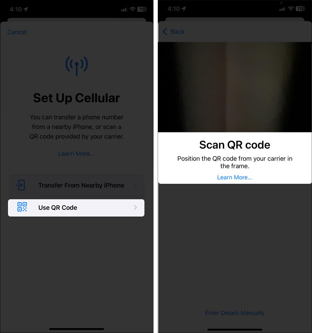 Transferring an eSIM to a new iPhone by scanning a QR code.
