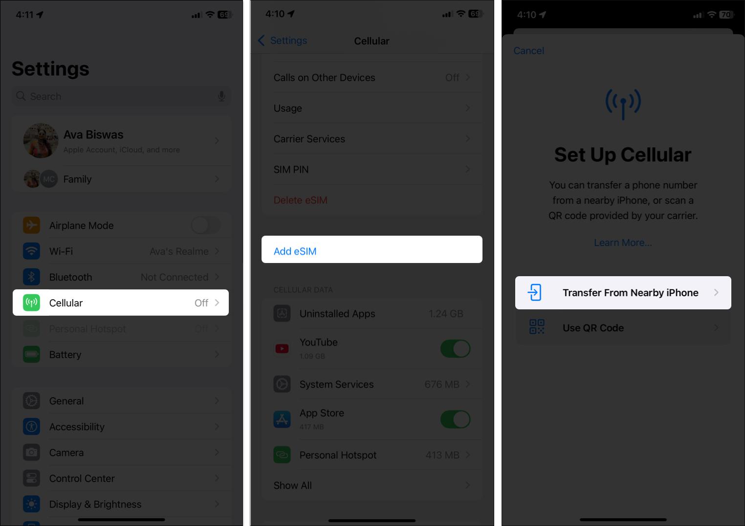 Adding a new eSIM to a new iPhone via the Settings app after the initial setup.