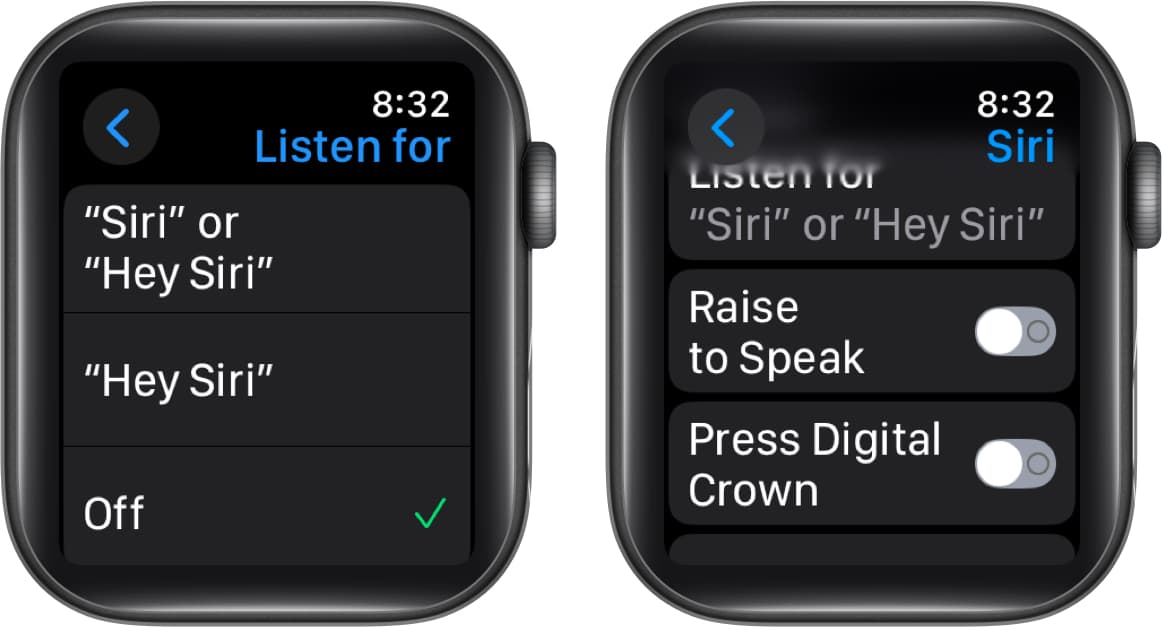 Toggling off Raise to Speak and Press Digital Crown options on an Apple Watch.