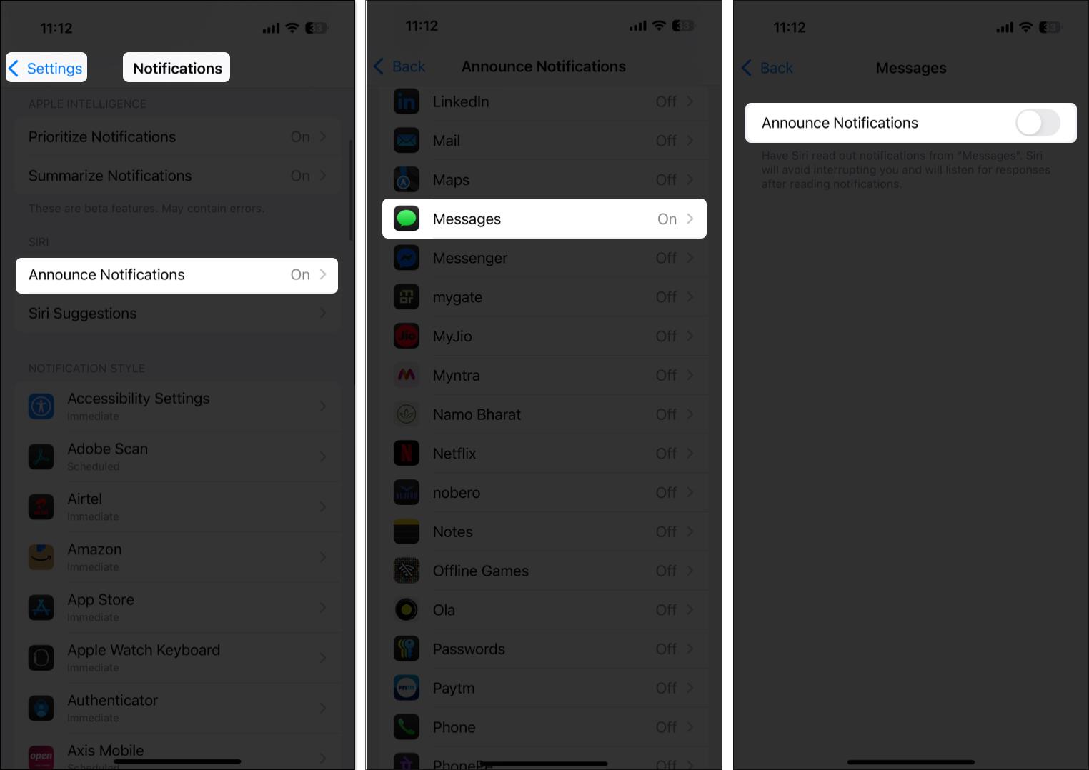 Turning off the Announce Notifications option to prevent Siri from announcing notifications over CarPlay.