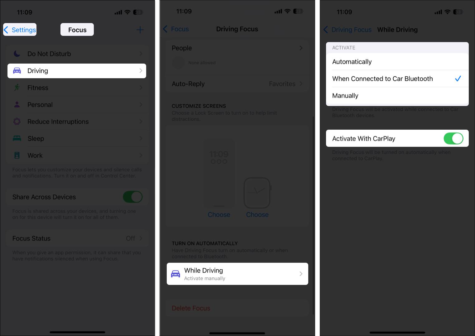 Setting the Driving Focus to activate automatically when connected to car Bluetooth.  