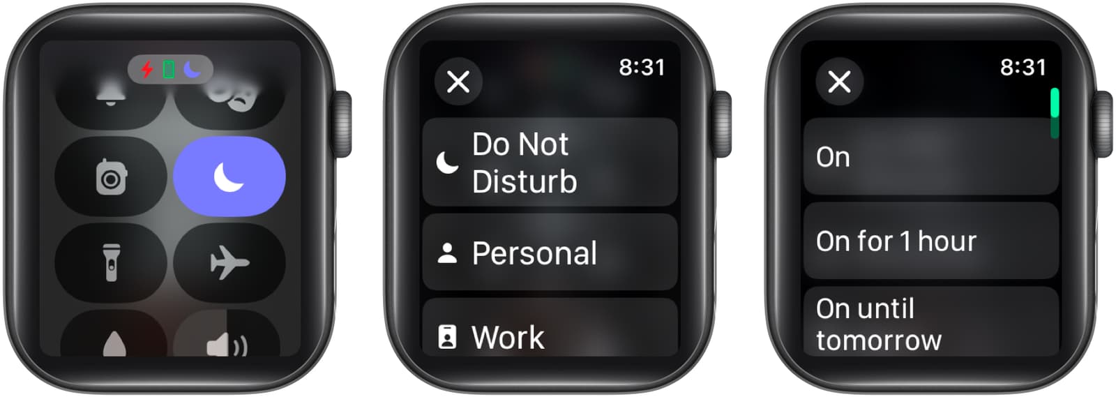 Enable Do Not Disturb mode via the Control Center on an Apple Watch.