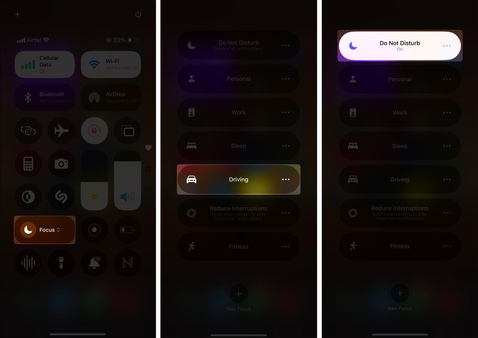 Turning on the Driving Focus mode from the Control Center on an iPhone.