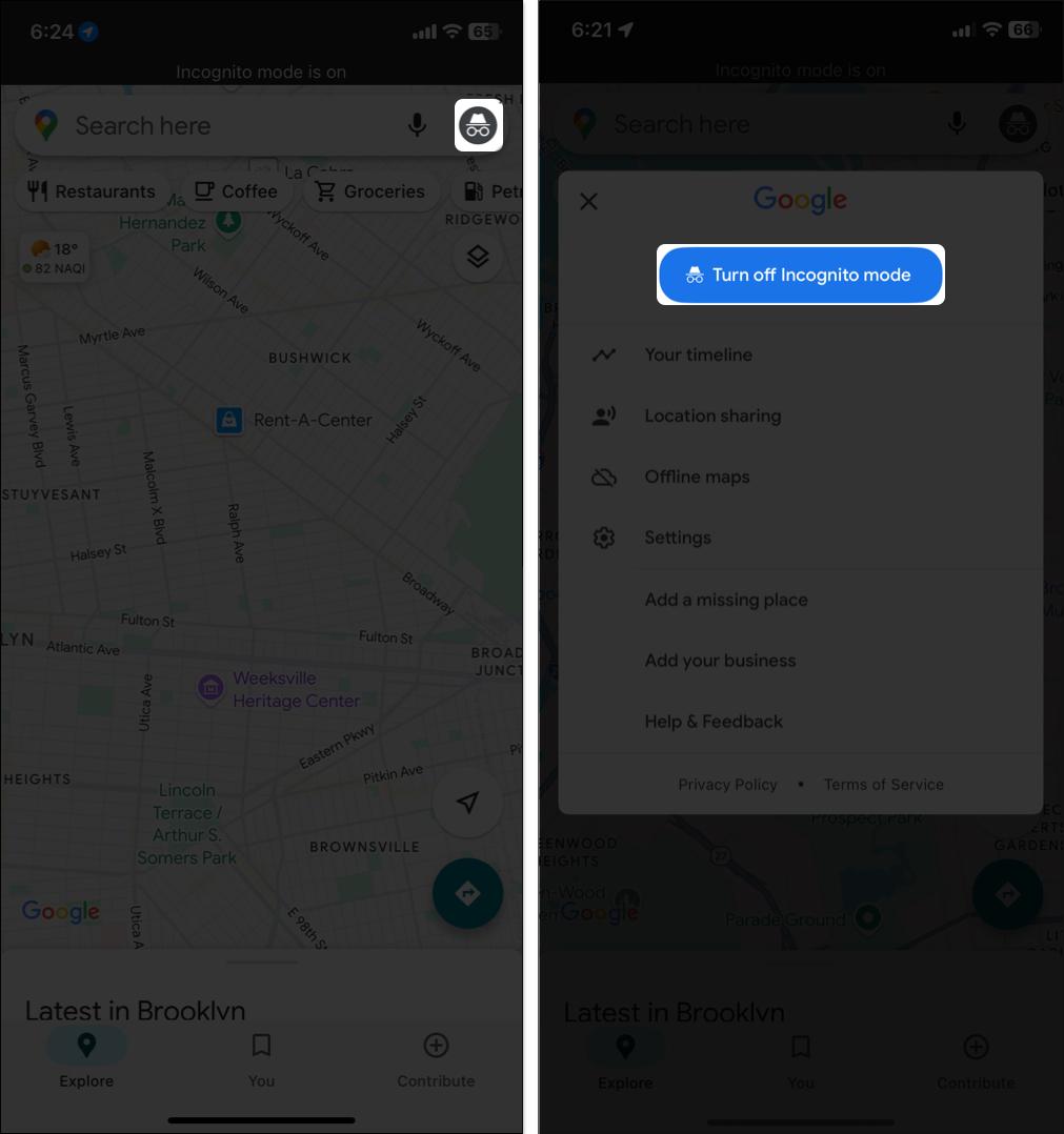 Turning off incognito mode on Google Maps