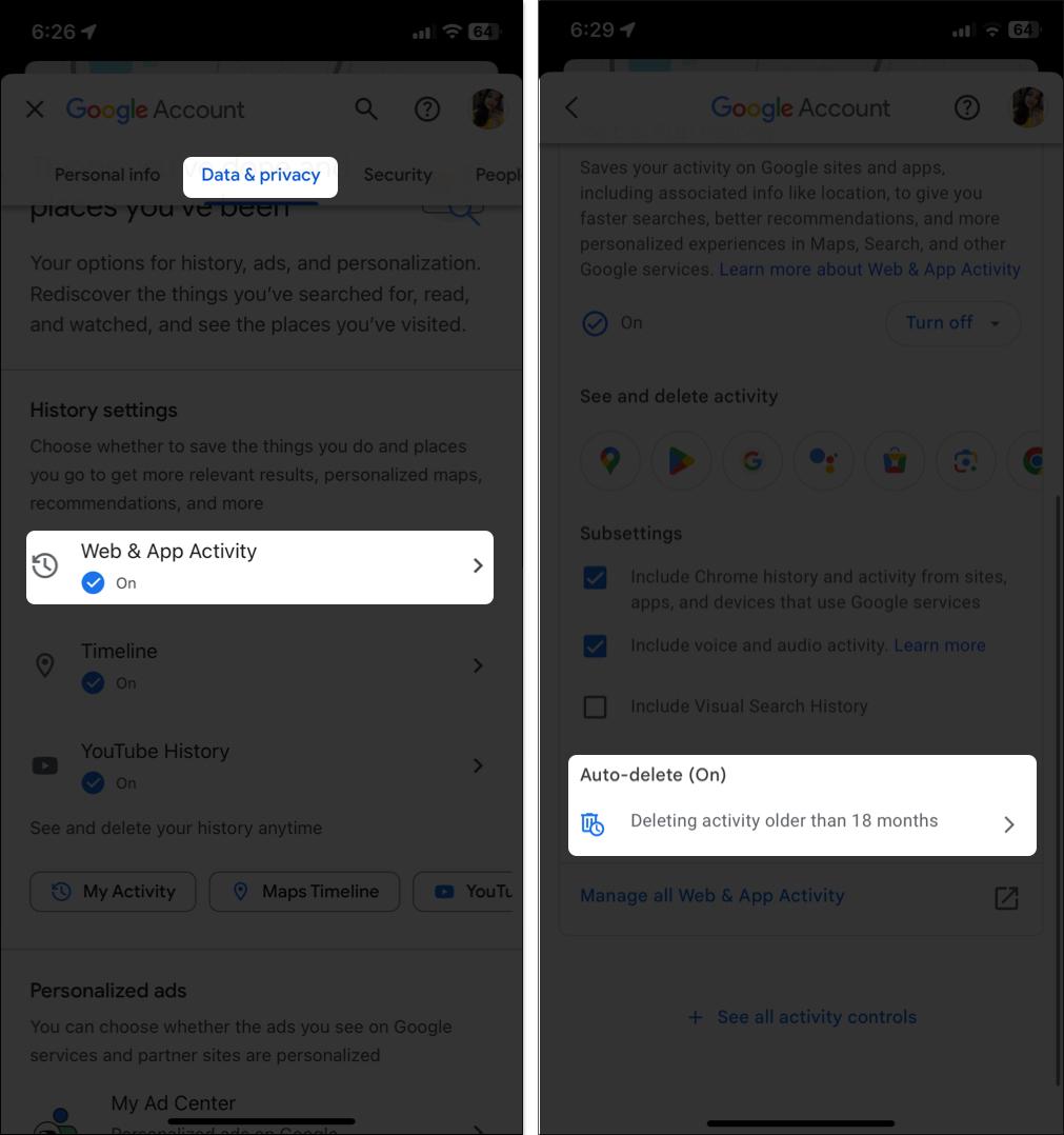 Turning on auto delete web and app history in Google Map