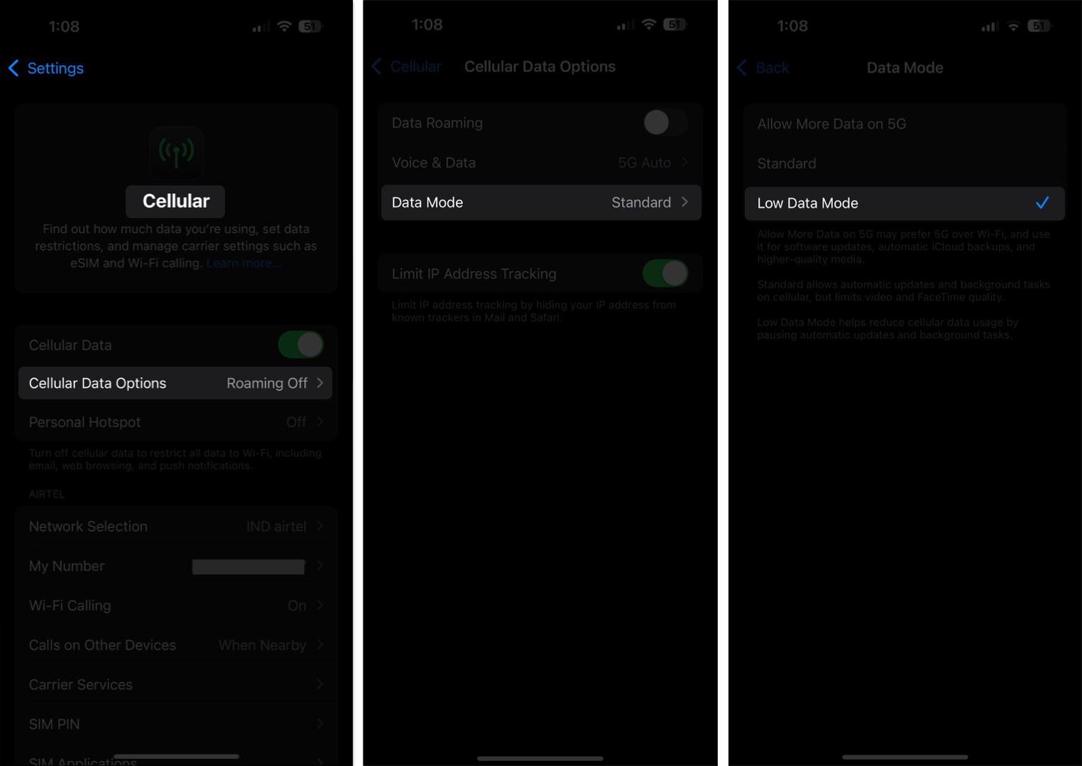 Turning on Low Data Mode for cellular connection on an iPhone.